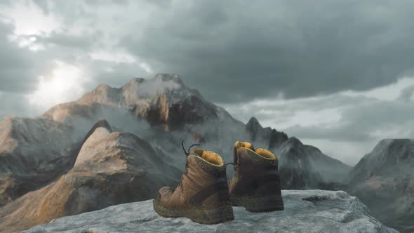 Hiking Boots On Rock Cliff In Front Of Mountain Surrounded By Fog