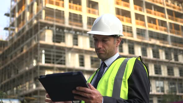 Male architect looking digital tablet at construction site