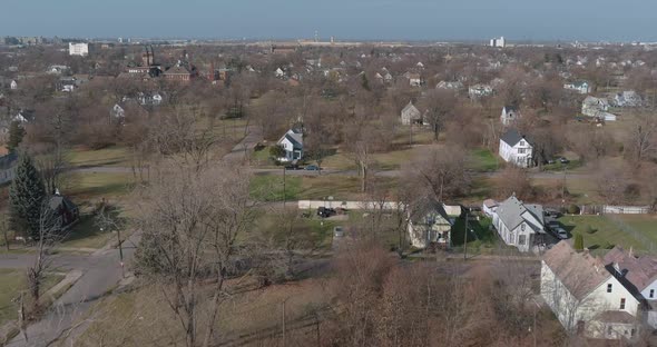 Aerial view of Detroit city neighborhood. This video was filmed in 4k for best image quality. alt