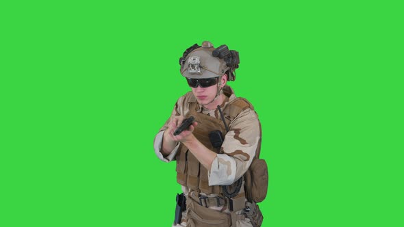 Army Man Pointing Gun Multiple Directions Ready Combat Green Screen Chroma Key alt