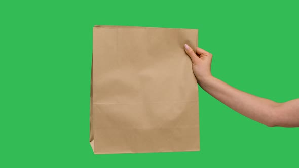 Female Hand Holds a Paper Shopping Bag on the Background of a Green Screen Chroma Key alt