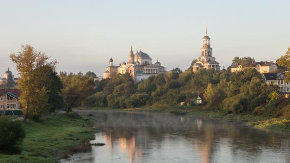 Monastery reflecting in Tvertsa river in Torzhok, Russia