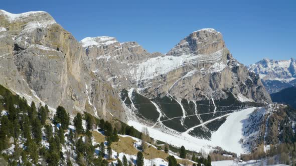 Aerial, Breathtaking View On Snowy Dolomites Mountains, Huge Peaks And Beautiful Winter Landscape