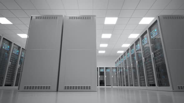 Countless modern server cabinets in a render farm. Bright, futuristic room. 4KHD alt