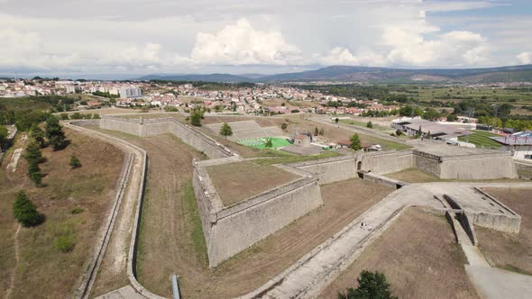Medieval military fort in Chaves, historical walled Forte de São Neutel, Portugal. Aerial view alt