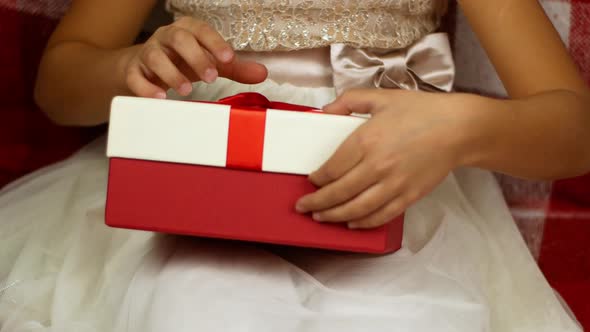 A little girl in a beautiful dress is giving a Christmas present.