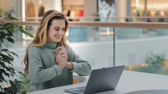 Portrait Successful Lucky Student Winner Girl Business Woman Female with Laptop Surprised Promotion alt
