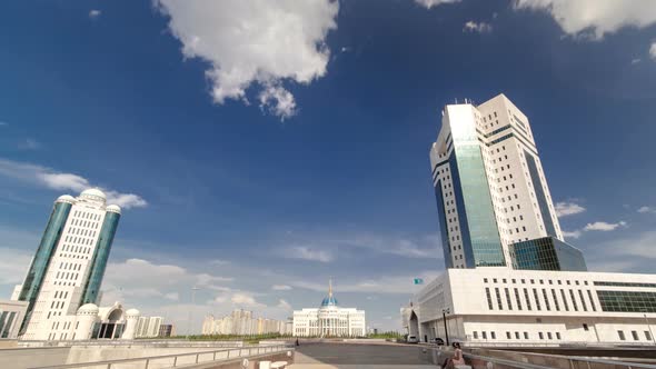 House of Parliament of the Republic of Kazakhstan and Modern Orange Tower Timelapse Hyperlapse alt