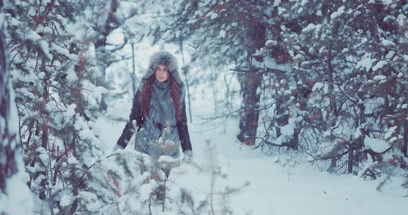 Pretty Girl Walks in the Winter in the Forest alt