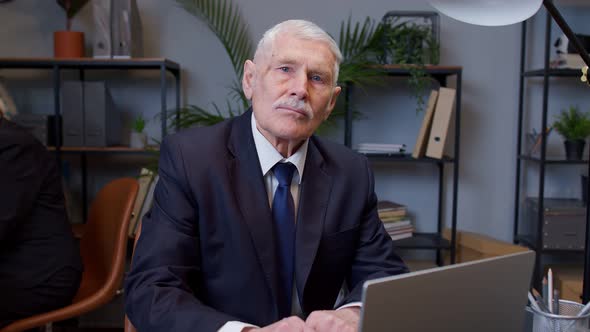 Elderly Man Boss Working in Modern Office Room Interior Senior Freelancer Developing New Project alt