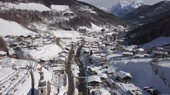 Winter Aerial of Ramsau, Berchtesgaden, Germany alt