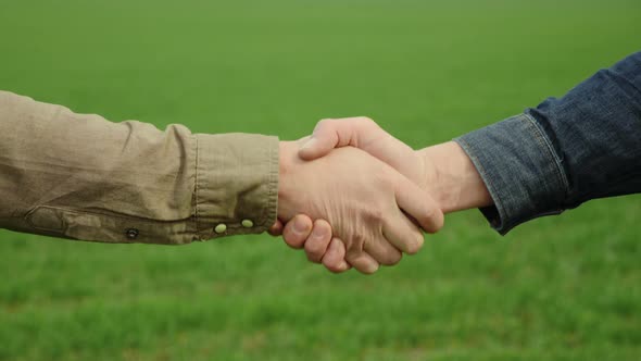 Handshake of Two Male Hands in the Field