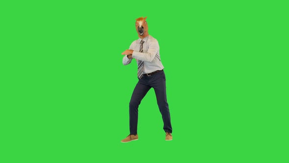 Crazy Hilarious Man in Horse Mask Dance Like Robot Joyful Businessman Has Fun Enjoy Relax and Humor