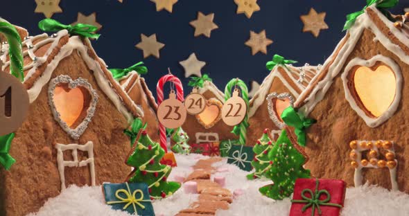Gingerbread cottages at night. Christmas Eve in gingerbread village. alt