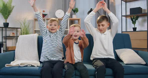 Brothers Sitting on the Couch at Home and Looking at Camera with Raised Hands alt