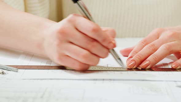 Architect Designer Drawing Plan Blueprint Closeup alt