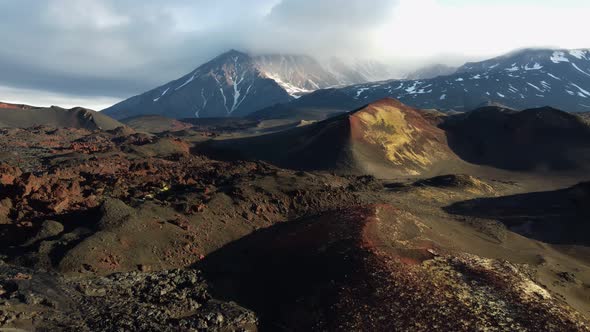 winter land with a view of the snow-capped volcano