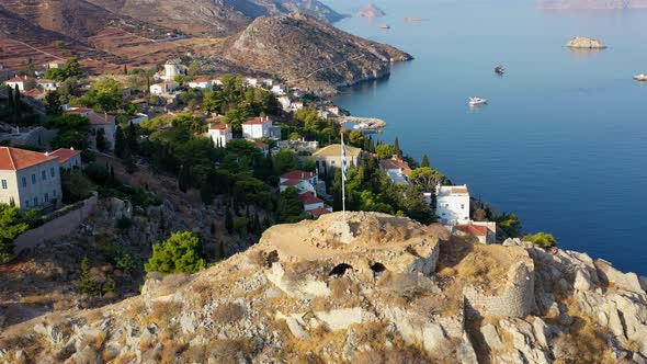 Aerial View of Hydra Old Town and Marina or Seaport Greece  Drone Videography alt