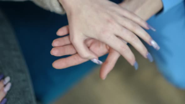 Closeup Young Female Hands Taking Teenage Palm Indoors alt