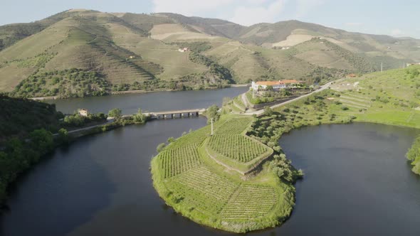 Quinta do Tedo drone view of s shape bend river in Douro wine region, in Portugal alt