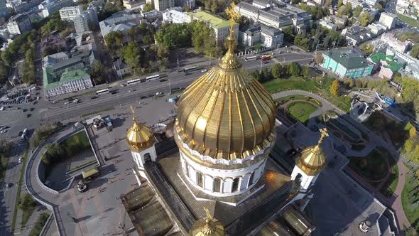 Flight Around of the Cathedral of Christ the Saviour Against Background of City Moscow Russia alt