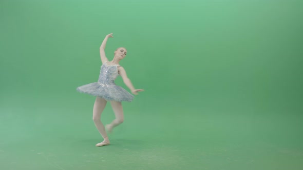 Happy Ballerina Ballet Dancing Girl In Blue Dress Chilling In Spin On Green Screen alt