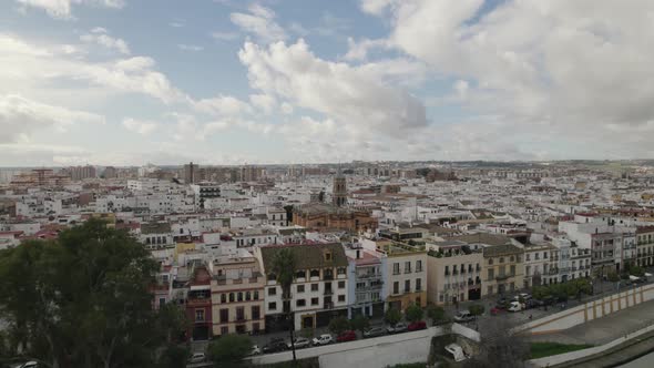 Aerial panoramic view of Triana famous touristic neighborhood with Santa Ana parish in background