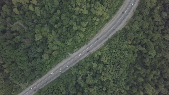 Aerial view of cars driving down on asphalt road in forest, curve road in woods, nature. Car trip 