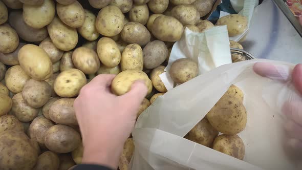Closeup Shot of Putting Potatoes Into a Bag in a Shop