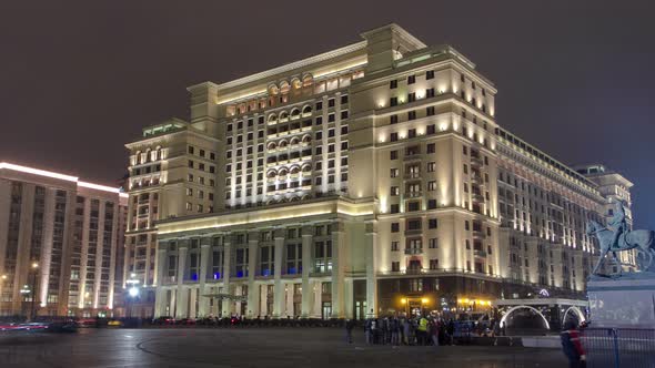 View of the Eastern Facade of the Old Hotel Moskva From Manege Square Timelapse Hyperlapse. Moscow alt