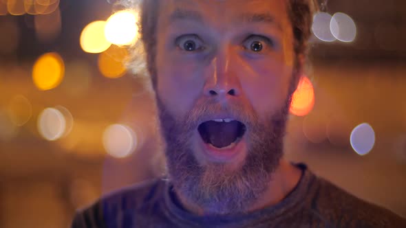 Smiling Handsome Caucasian Long-haired Beared Young Man Sincere Super Surprised, Expressive Facial alt