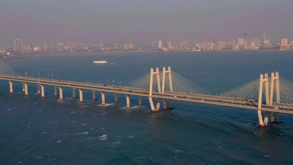 Mumbai, India, Worli Sea Link Bridge, 4k Aerial Drone City Skyline View alt