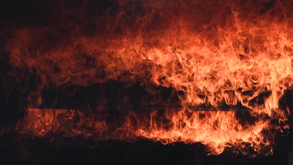 Fire are burned on wall and ceiling of the room with dusk spread around alt