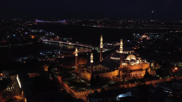 Suleymaniye Mosque And Istanbul City Night Aerial View 