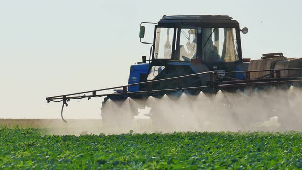A Tractor Sprayer Treats the Plantations with a Sprayer Herbicides and Pesticides alt