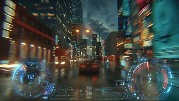 3d fake Video Game. Racing simulation. night city. lights after rain. part 1 of 2. Hud