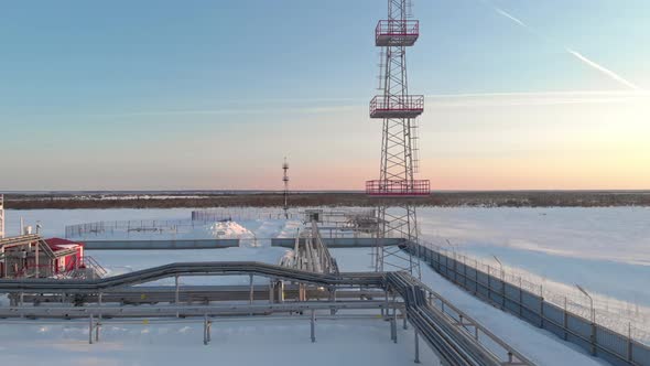 A Drone Flies Over a Pipeline a Gas Pipeline at an Oil and Gas Field in Siberia alt
