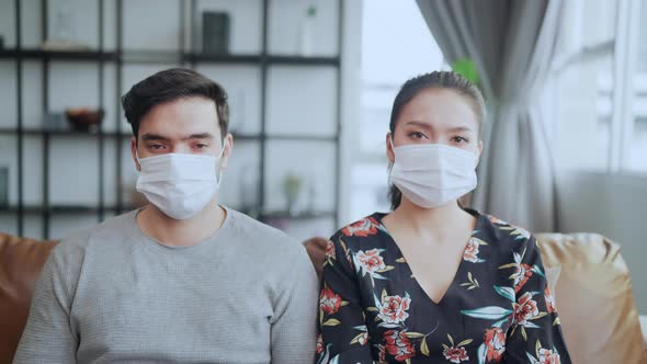 portrait of young asian and caucasian adult male and female wear face mask