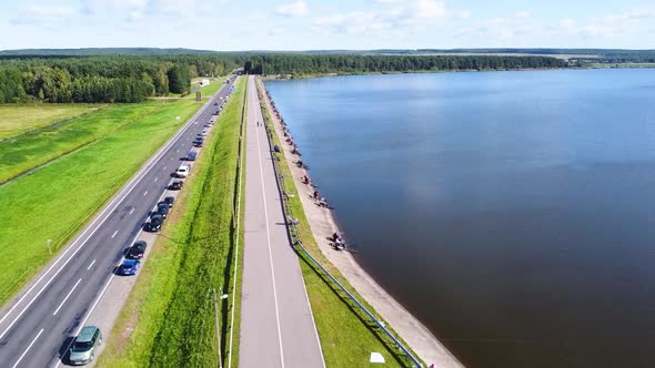 Drone Aerial View Lake Road Cars Truck