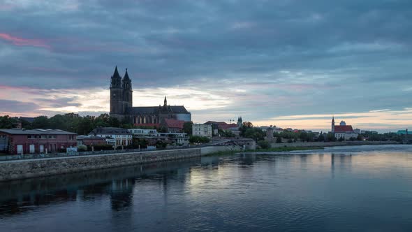 View of Magdeburg skyline on sunset
