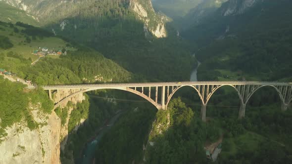 Djurdjevic Bridge Over the Tara River in Northern Montenegro. Aerial Footage