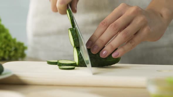 Woman chopping fresh cucumber cooking healthy salad for family dinner, close-up alt