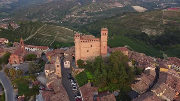 Serralunga d'Alba and Medieval Castle in Langhe, Piedmont Italy Aerial View alt