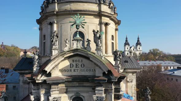 Aerial Video of Dominican Church in Central Part of Old City of Lviv, Ukraine alt