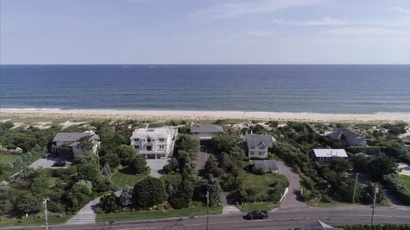 Aerial of the Beach in the Hamptons and Dune Road Oceanfront Homes alt