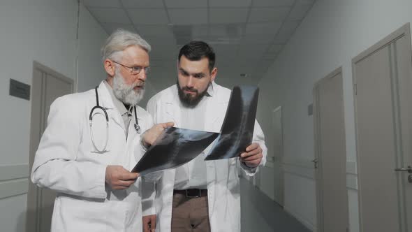 Two Doctors Talking in Hospital Hallway Examining X-ray Scans Together