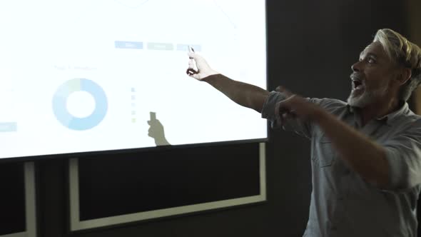 Businessman explaining presentation on projection screen