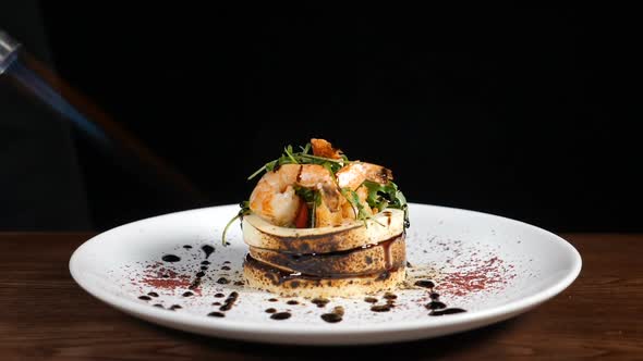 Chef Cooking Craft Salad with Mozzarella and Shrimps alt