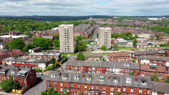 Aerial drone footage of the British town centre of Armley in Leeds West Yorkshire in the UK