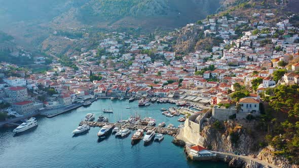Aerial View of Hydra Old Town and Marina or Seaport Greece  Drone Videography alt